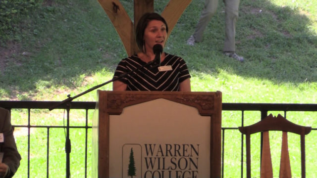 Associate Dean for Community Engagement Brooke Millsaps talks about the presidential search committee at the May 3, 2017, announcement event.