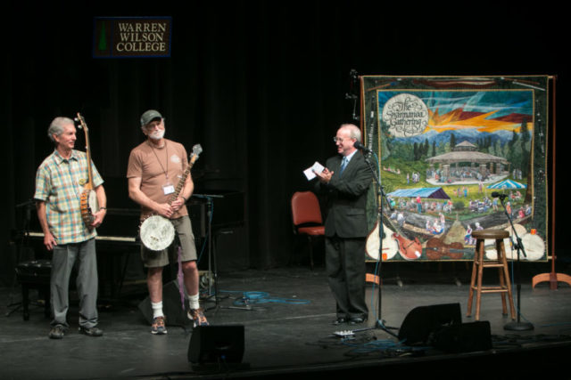 Founders Doug Orr and Jim Magill are honored by Warren Wilson College Vice President for Administration and Finance and Chief Financial Officer Scott McKinney in 2017. 