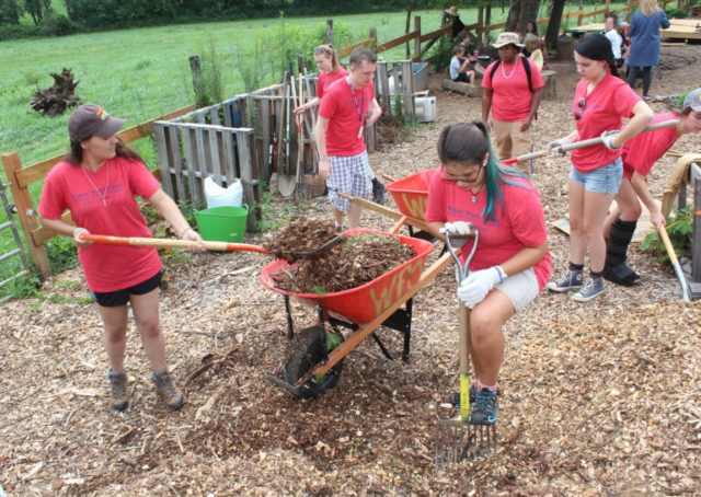 New Warren Wilson College students work in the Verner Experiential Gardens with The Roots Foundation at the North Carolina Outward Bound School.