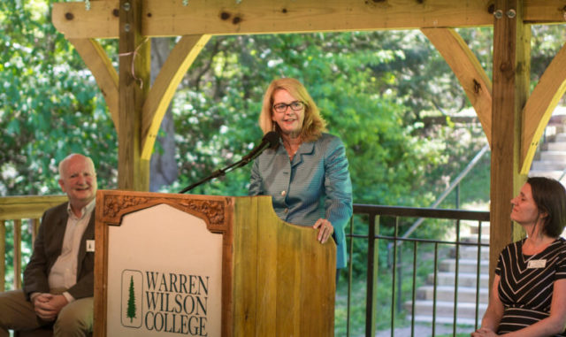 Lynn Morton, Ph.D., addresses the crowd gathered at her announcement ceremony.