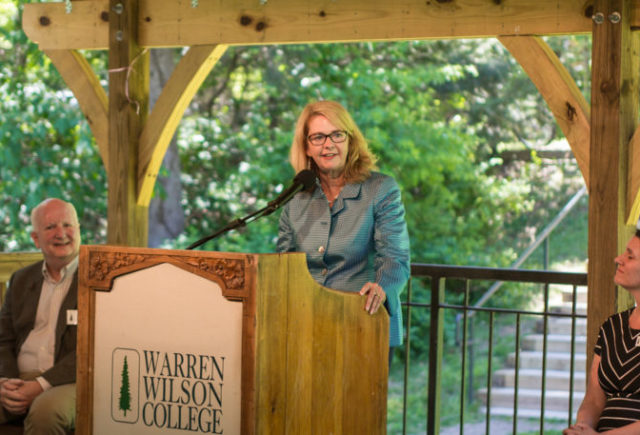 Lynn Morton, Ph.D., addresses the crowd gathered at her announcement ceremony.