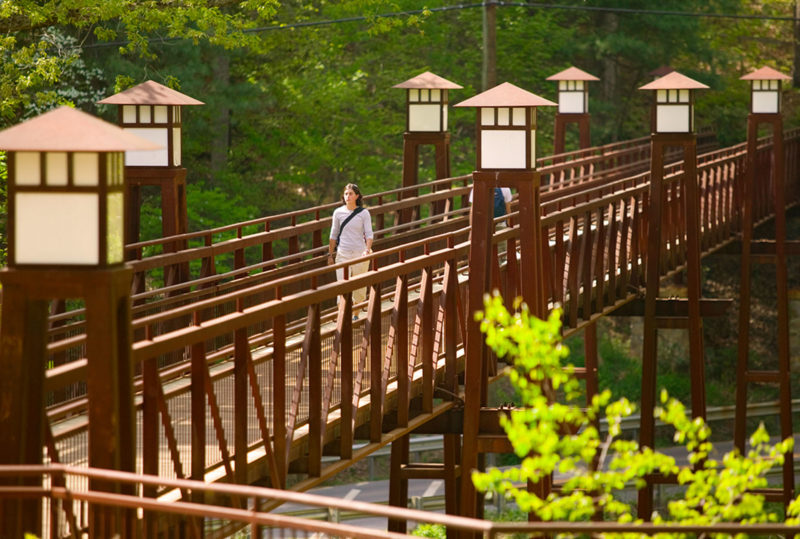 a student walks across the Pedestrian Bridge