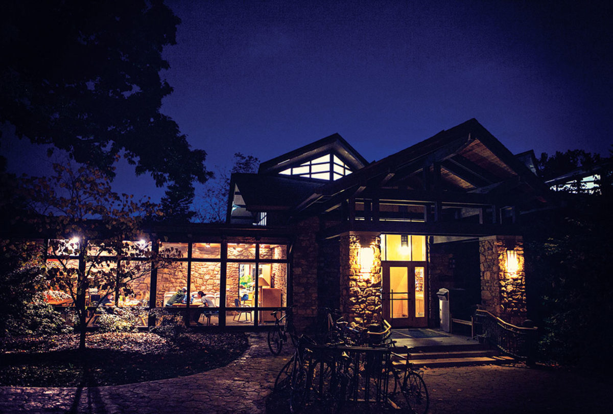 the Pew Learning Center at night