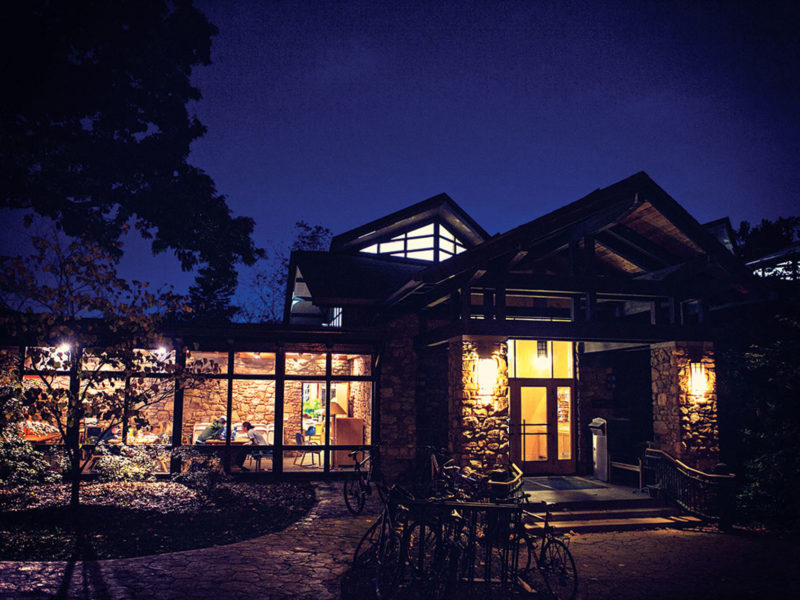 the Pew Learning Center at night