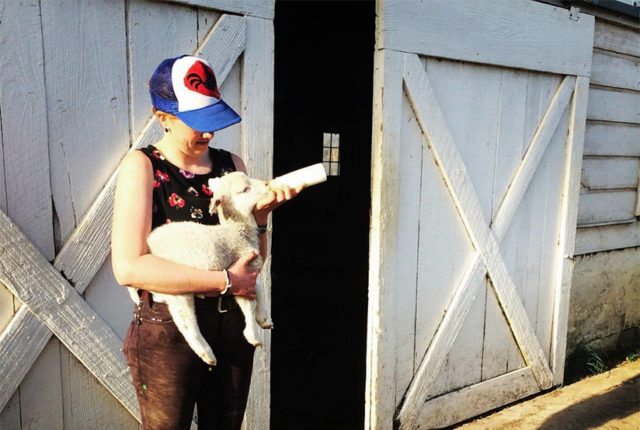 Farm Crew student feeding a lamb