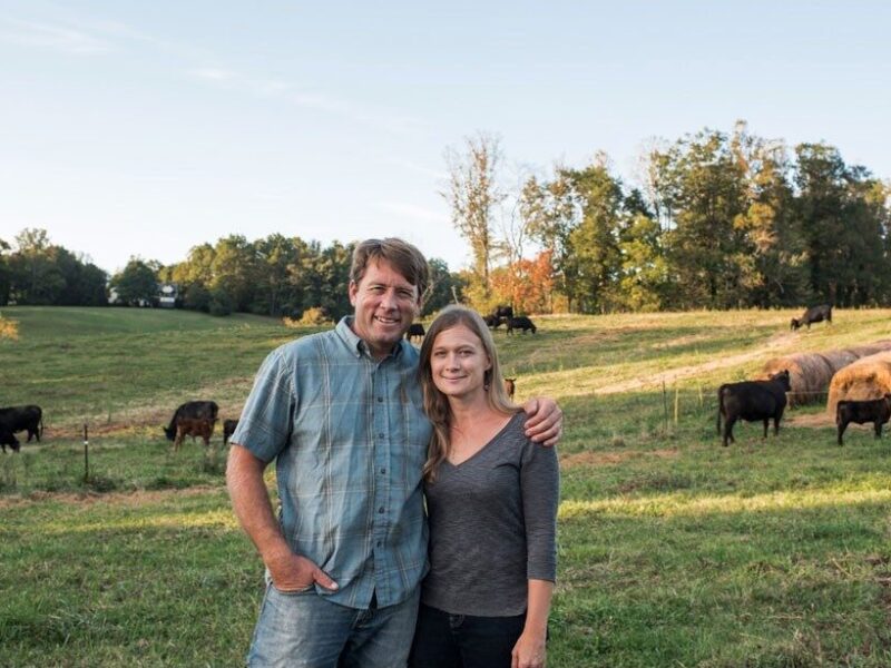 Alumni Jamie and Amy Ager stand smiling in front of cows at their farm Hickory Nut Gap