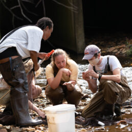 Students examine specimen found in the river