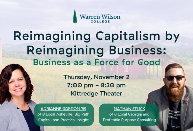A Flyer for an upcoming event: Reimagining capitalism by reimagining business. It is occurring November 2 from 7pm to 8pm