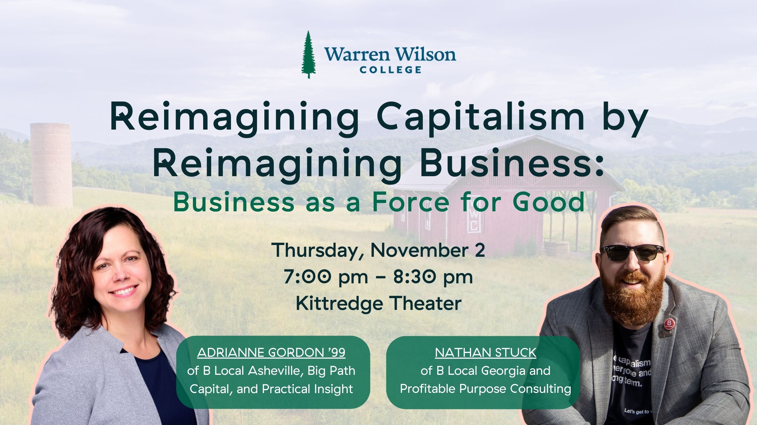 A Flyer for an upcoming event: Reimagining capitalism by reimagining business. It is occurring November 2 from 7pm to 8pm
