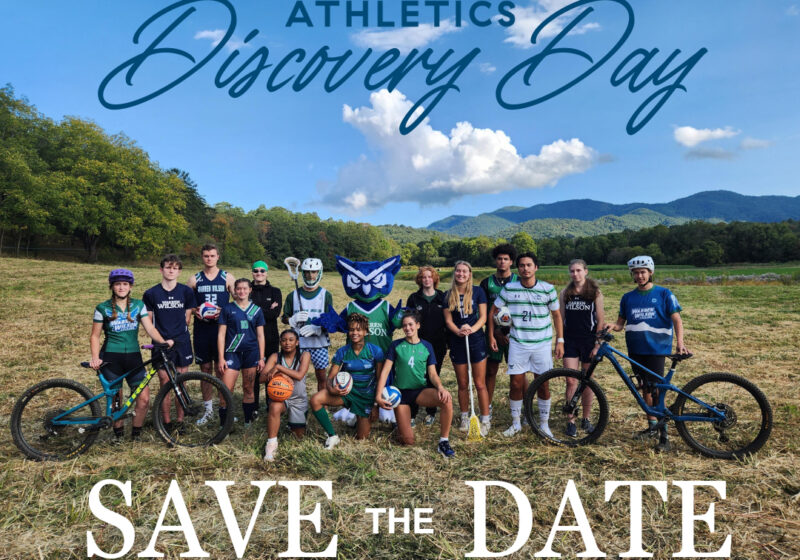 A group of athletes from every sport stand in a field together with their gear. Text is overlaid that says `Warren Wilson Athletics Discovery Day` Save the Date` `Monday January 15`