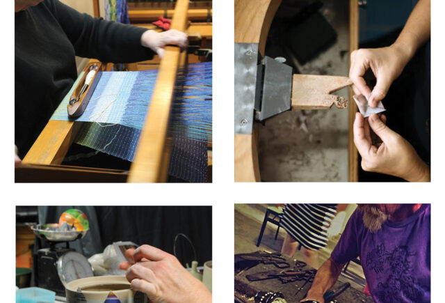 Four separated pictures show crafters working in a variety of mediums