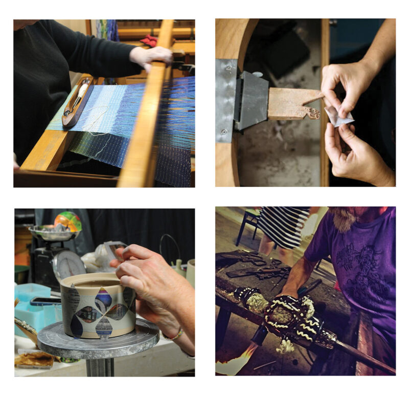Four separated pictures show crafters working in a variety of mediums