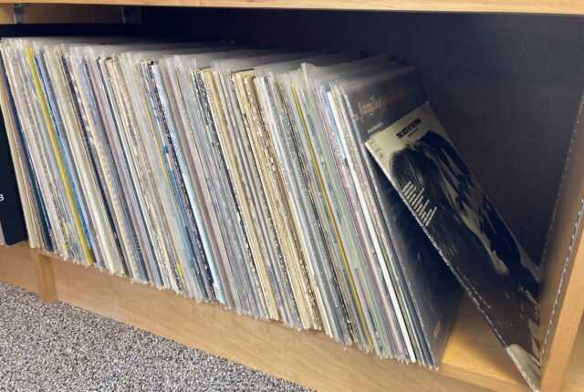 Close-up photo of records on a shelf