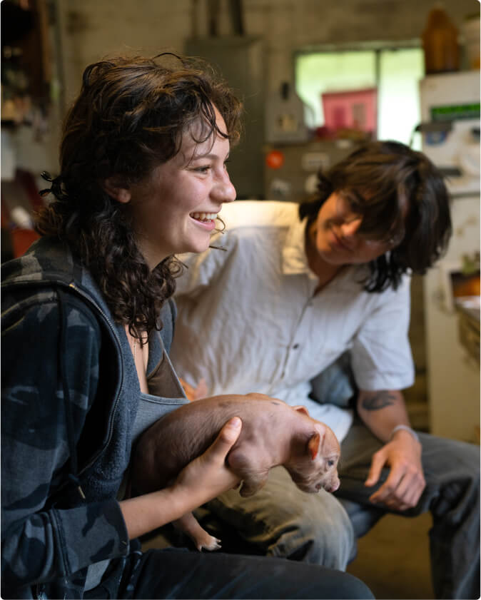 A student sits holding a small piglet. A second student sits looking at that piglet.