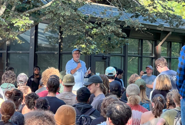 President Fernandez addresses students about the state of the college in the wake of hurricane helene
