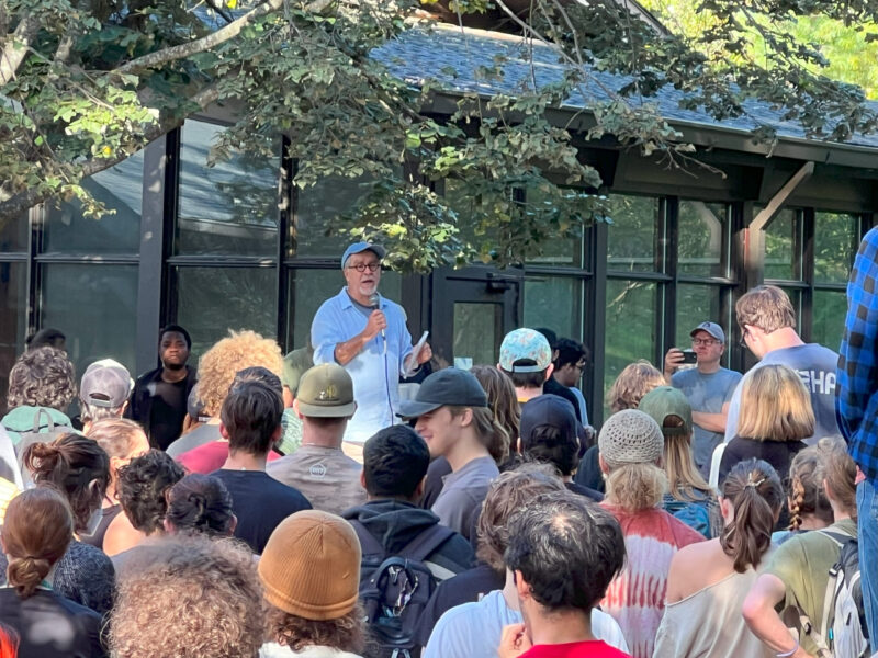 President Fernandez addresses students about the state of the college in the wake of hurricane helene