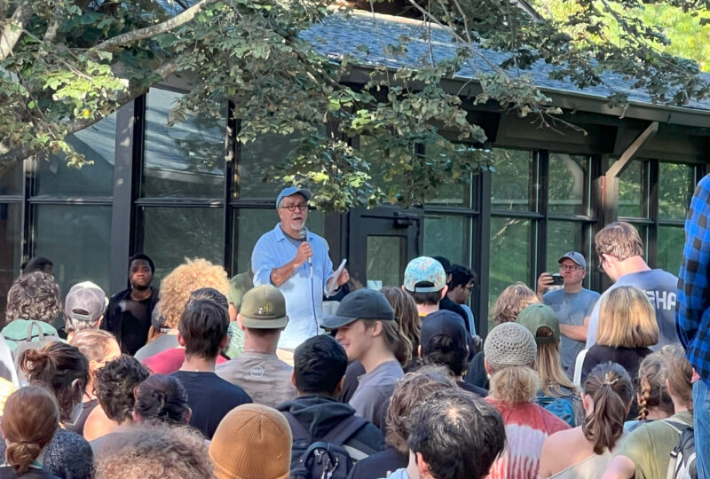 President Fernandez addresses students about the state of the college in the wake of hurricane helene