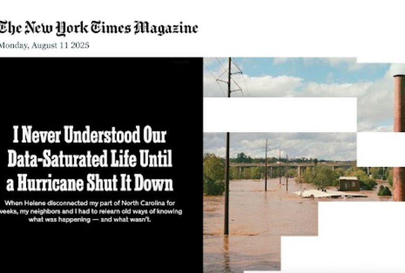 Warren Wilson College is featured in a New York Times Magazine article. The article is titled `I Never Understood Our Data-Saturated Life Until a Hurricane Shut It Down`. The cover is a picture of the river arts district flooded.