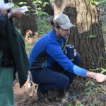 Professor Eric Griffin squats beside a tree and shows a group of students leaf structures.